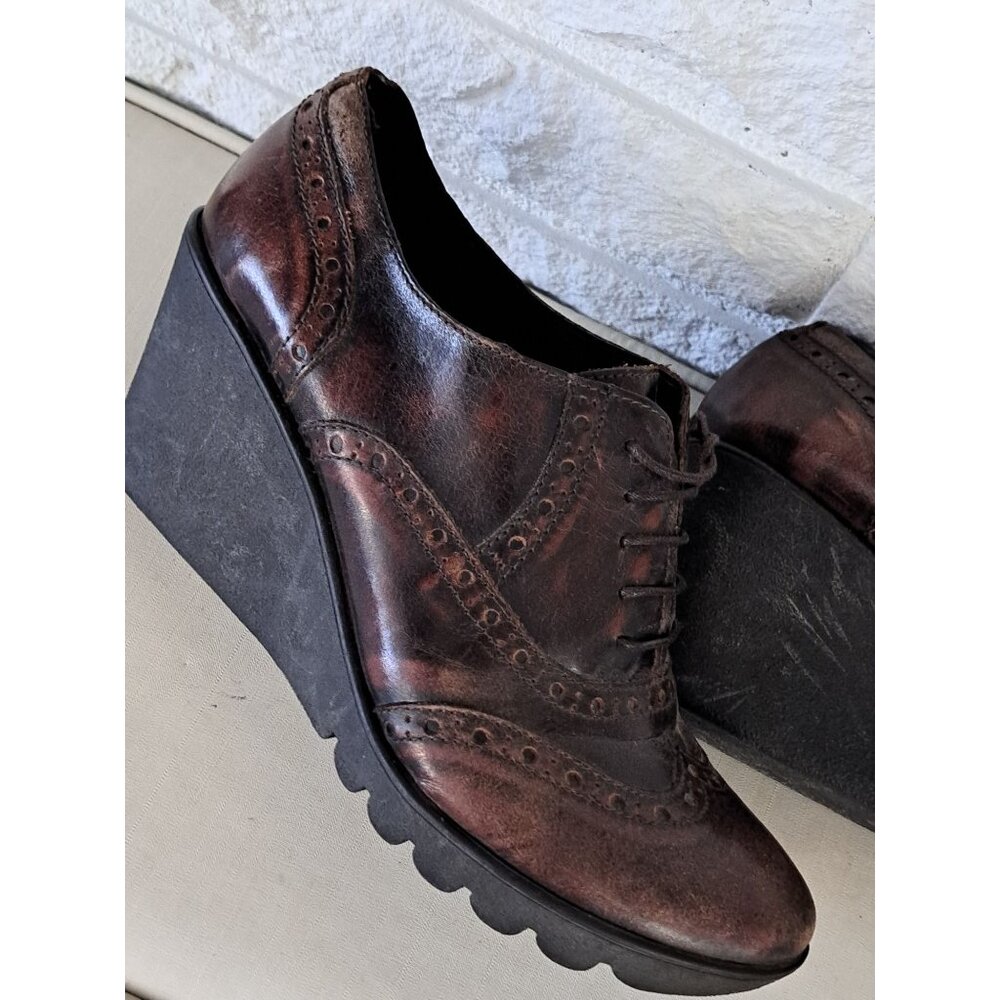 Sesto Meucci Women's 8.5 Wingtip Brown Leather Lace-Up Wedge Shoes Brogue - Picture 5 of 13